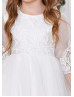 Elbow Sleeves Ivory Lace Tulle Minimalist Flower Girl Dress